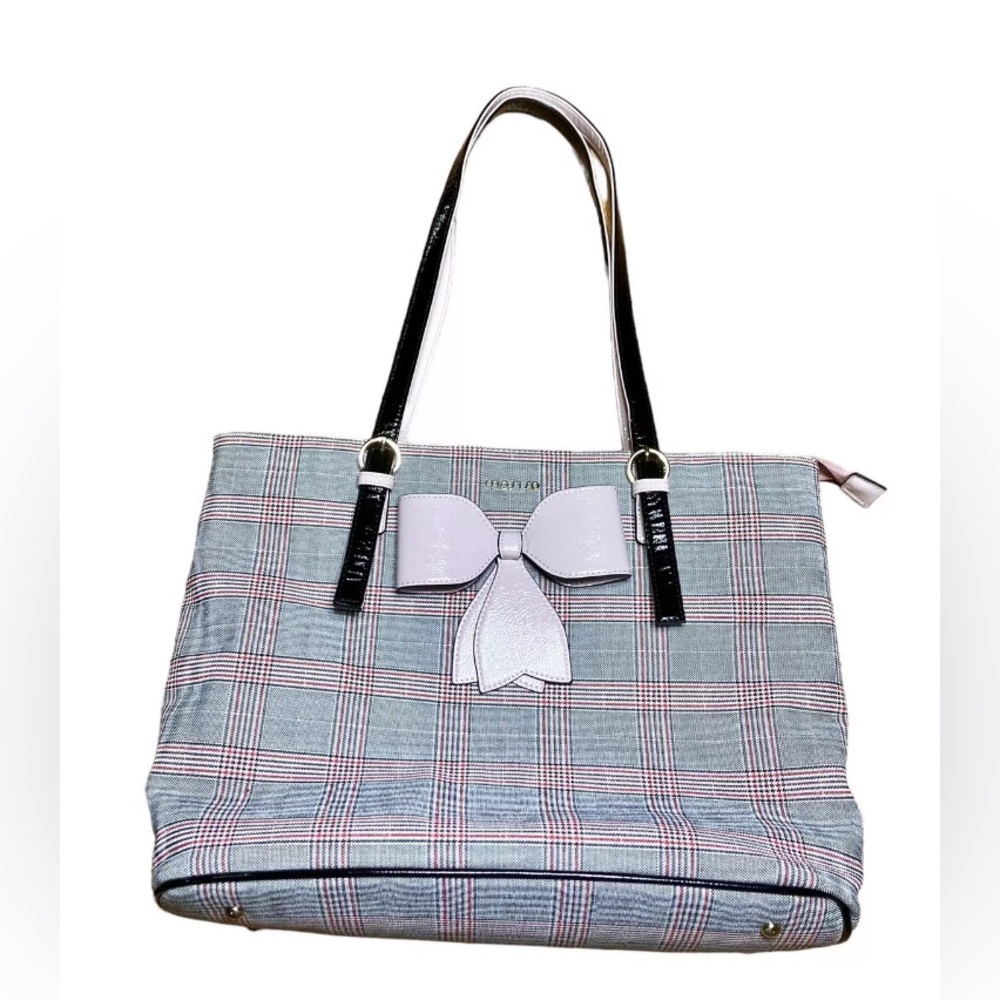 Plaid Tote Laptop Bag with Pale Pink Bow Accent